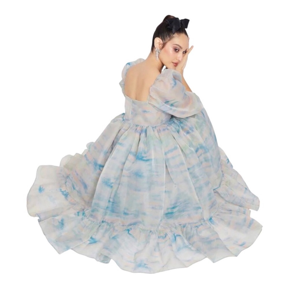 Selkie The Renoir Sky French Puff Midi Dress Organza Floral Gown Womens Small
